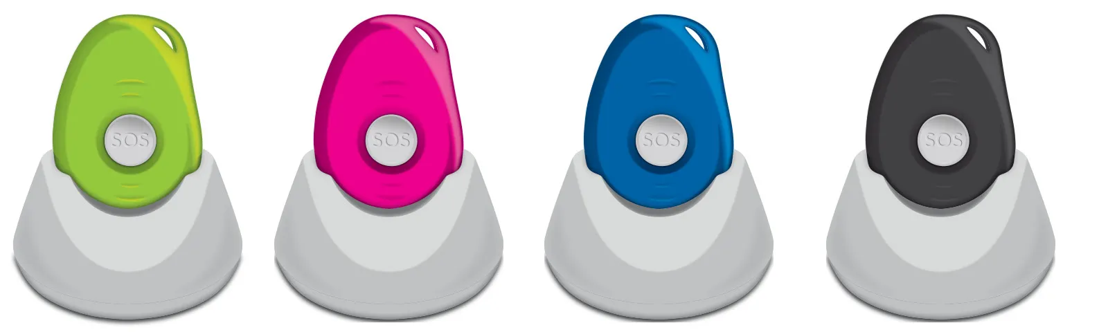 Four coloured Footprint personal alarms in charging docks