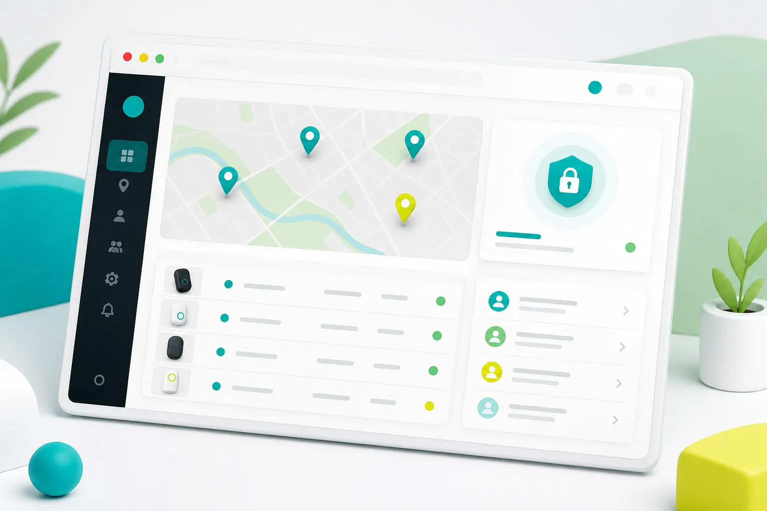 Illustration of a secure device-management portal with a location map and approved users