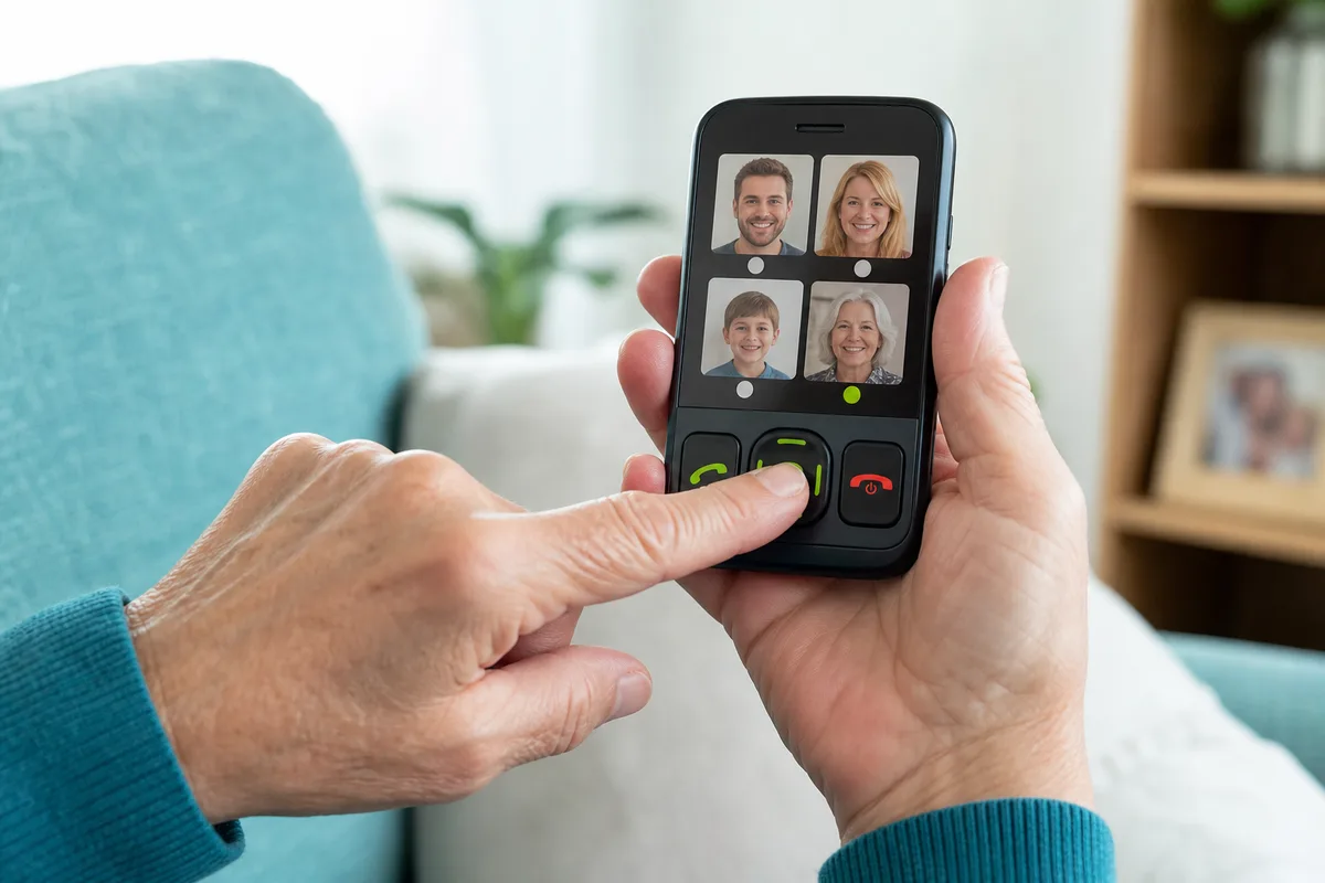 Personalised one-touch phone showing trusted family photo contacts