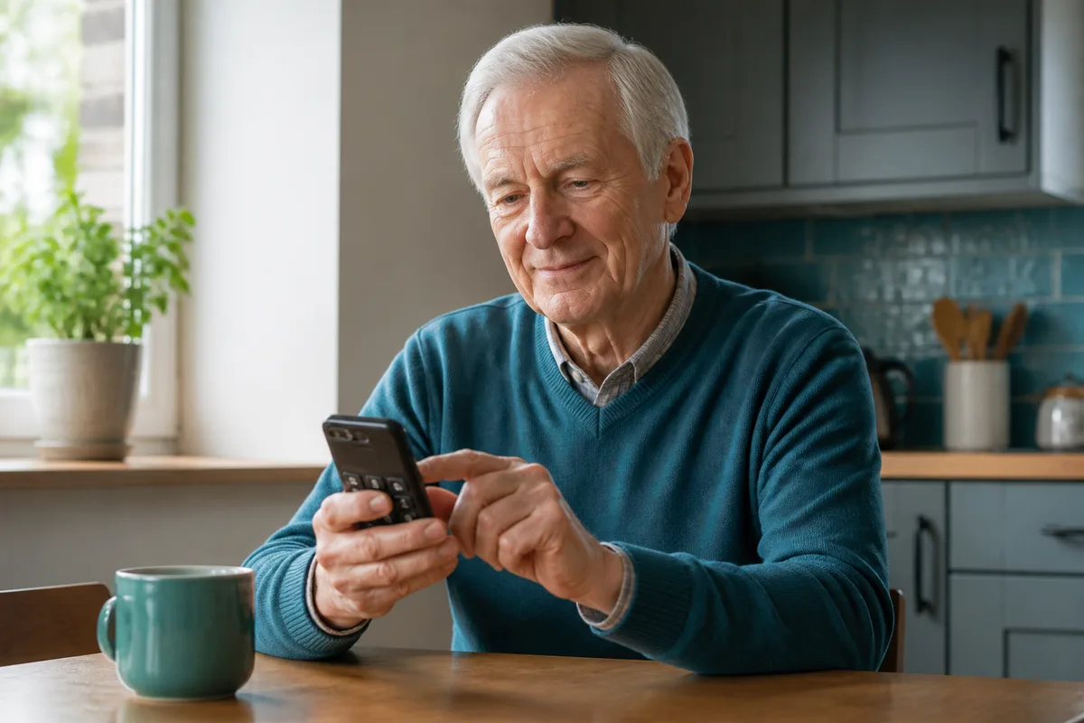 Older man with limited hand dexterity comfortably using a simple phone