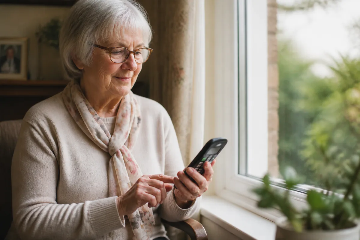 Older woman with glasses choosing a high-contrast phone layout