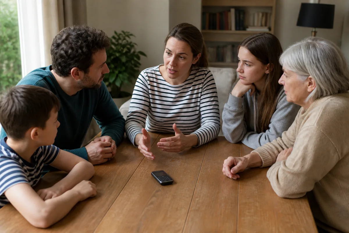 Adult daughter and older father enjoying a relaxed family phone call