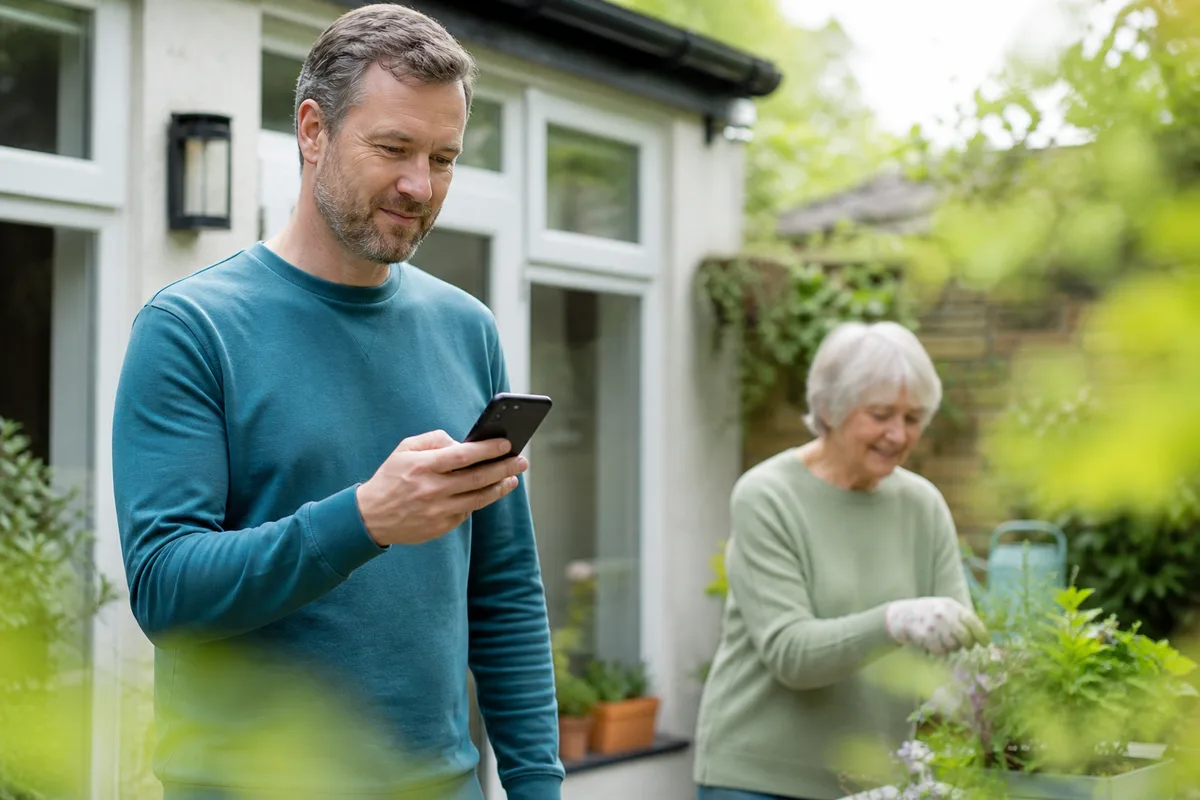 Older person recovering at home and speaking to family on a simple phone